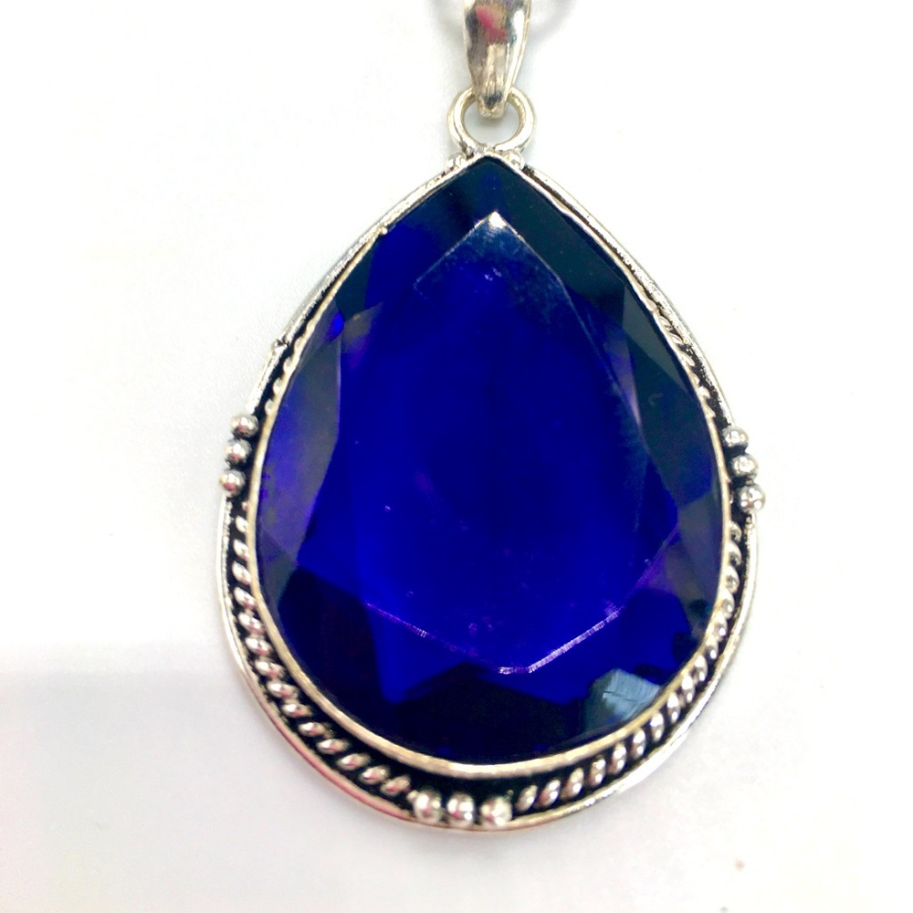 NEW German Silver & Pear Shape Polished Blue Sapphire 12” Pendant Necklace 2x1.5